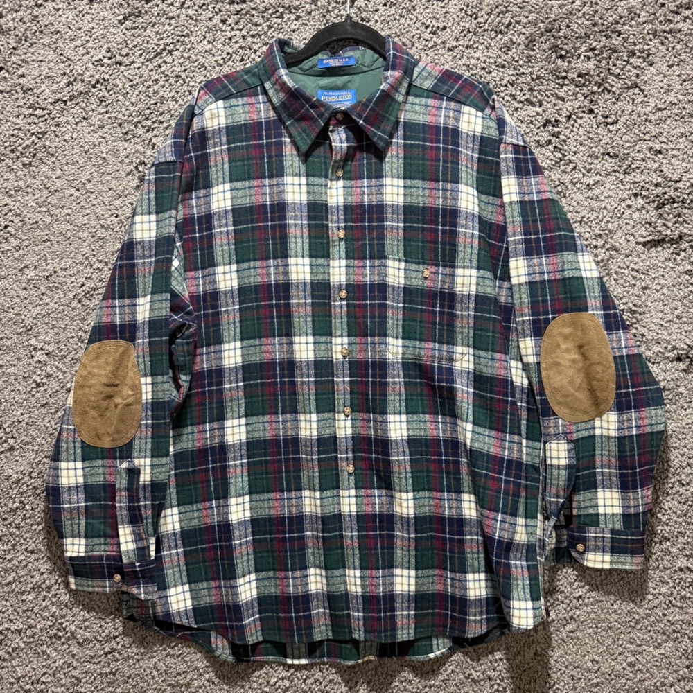 Pendleton Flannel Shirt Mens XXL Green Excellent Vintage 90s USA Elbow Patches